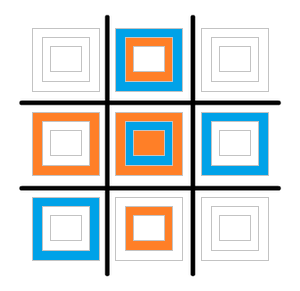 Игрок1 ставит средний квадратик в нижний ряд по центру